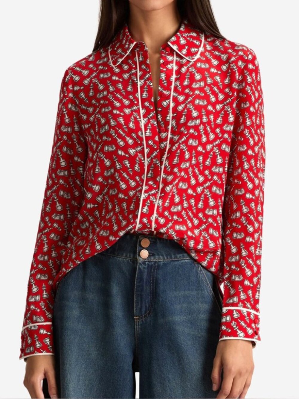 Alice + Olivia Willa Chess Piece Print Silk Shirt Blouse Red Queening Piping M